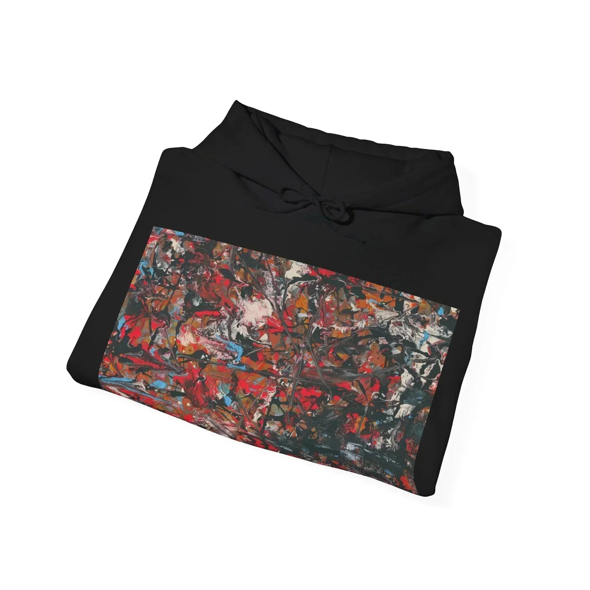Black hoodie featuring colorful abstract art print on the front, folded neatly.