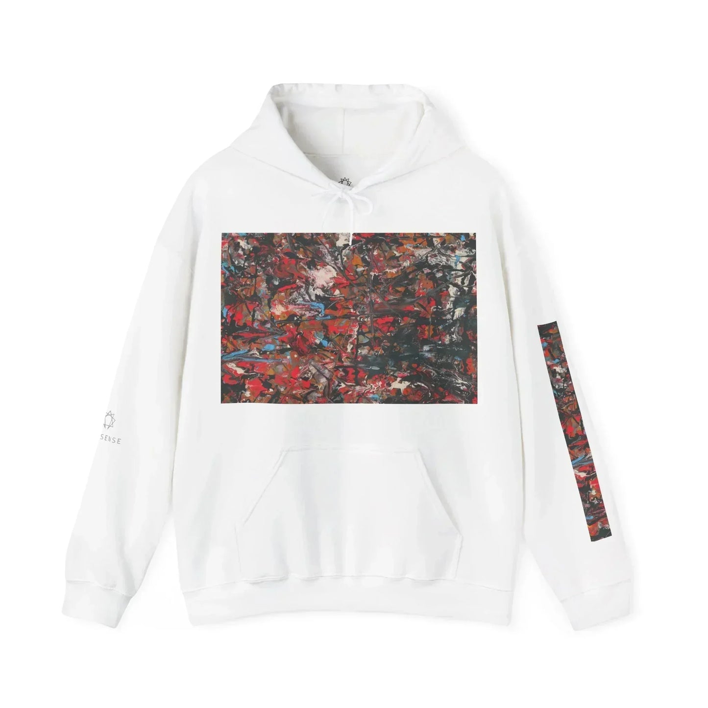 White hoodie with colorful abstract art print on the chest and matching sleeve detail