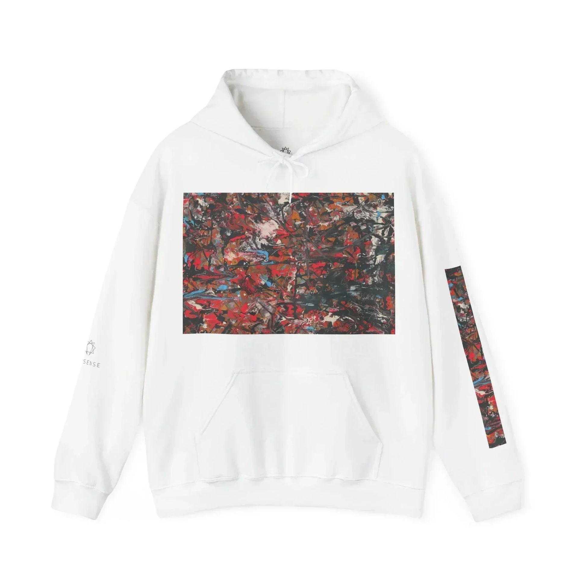 White hoodie with colorful abstract art print on the chest and matching sleeve detail