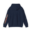 Navy blue hoodie with abstract art strip on sleeve and small white logo on the arm
