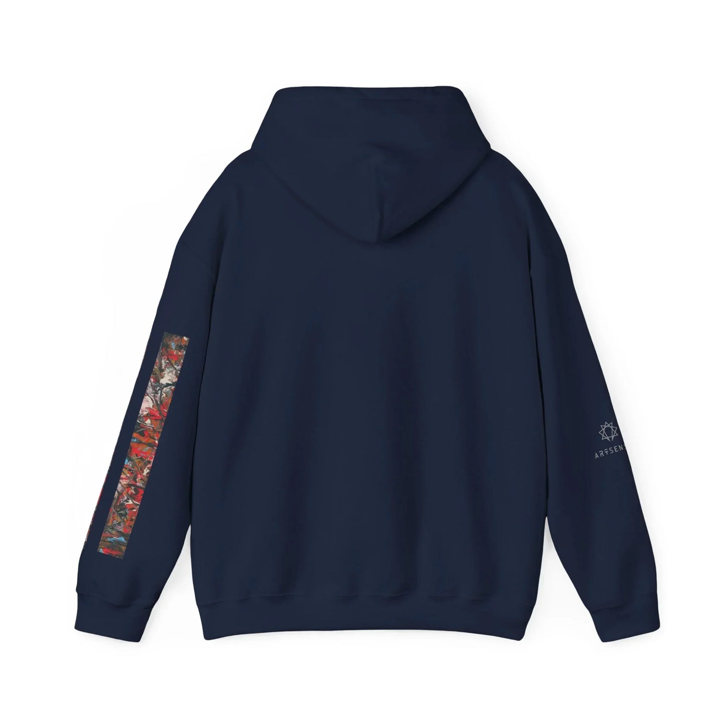 Navy blue hoodie with abstract art strip on sleeve and small white logo on the arm