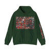 Dark green hoodie with abstract red and black art print on chest and sleeve, front view