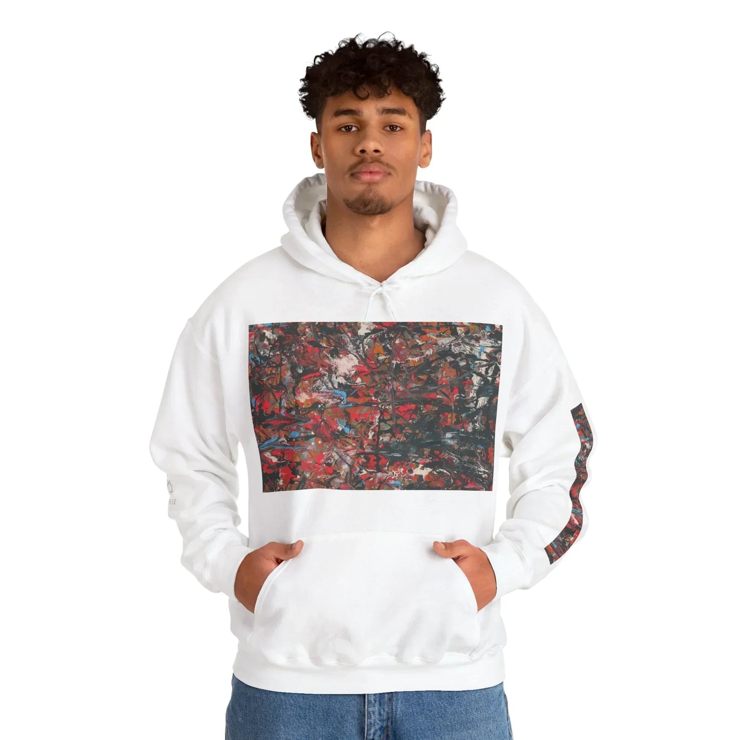 Man wearing white hoodie with abstract art print and kangaroo pocket, casual style