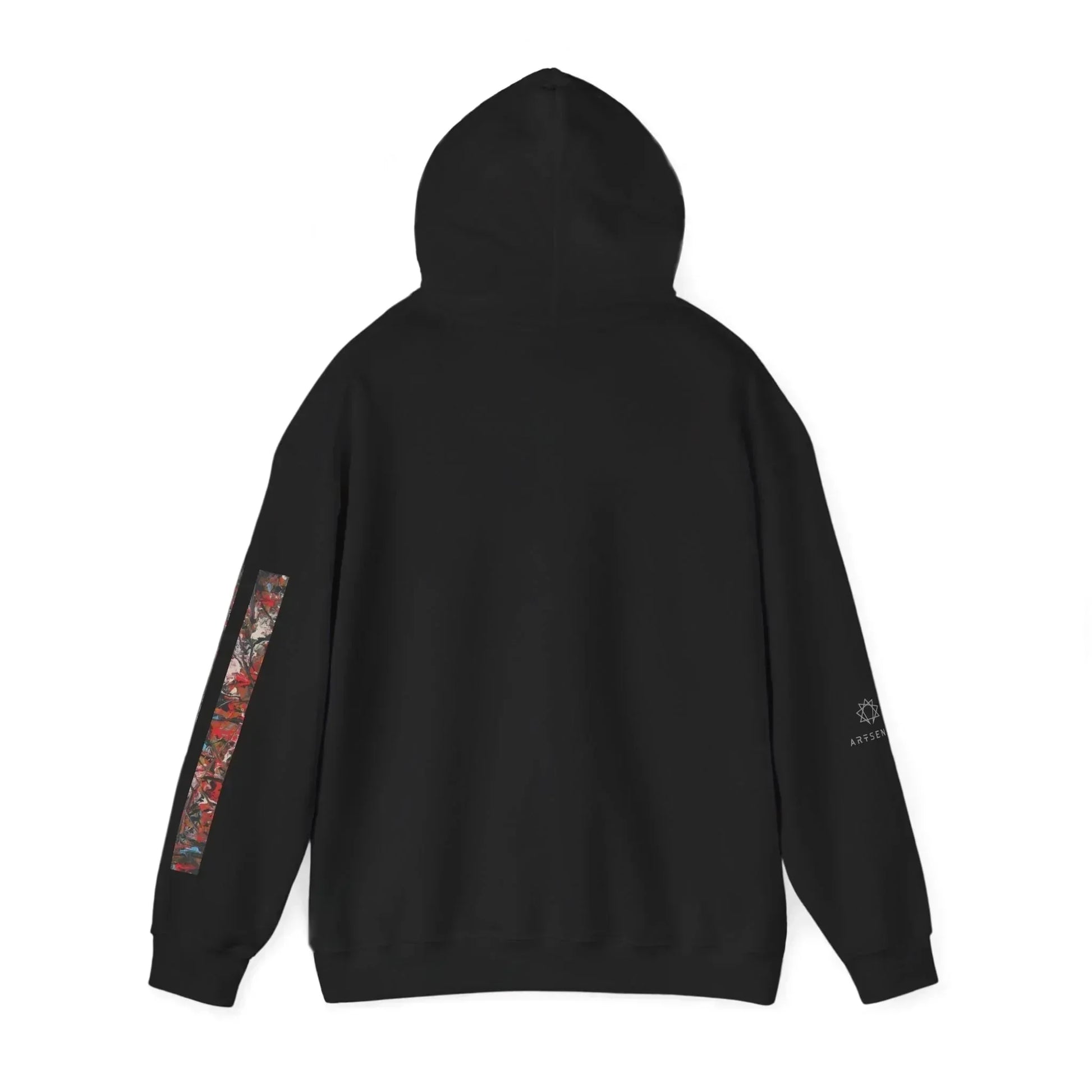 Black hoodie with abstract art strip on sleeve, minimalist back design