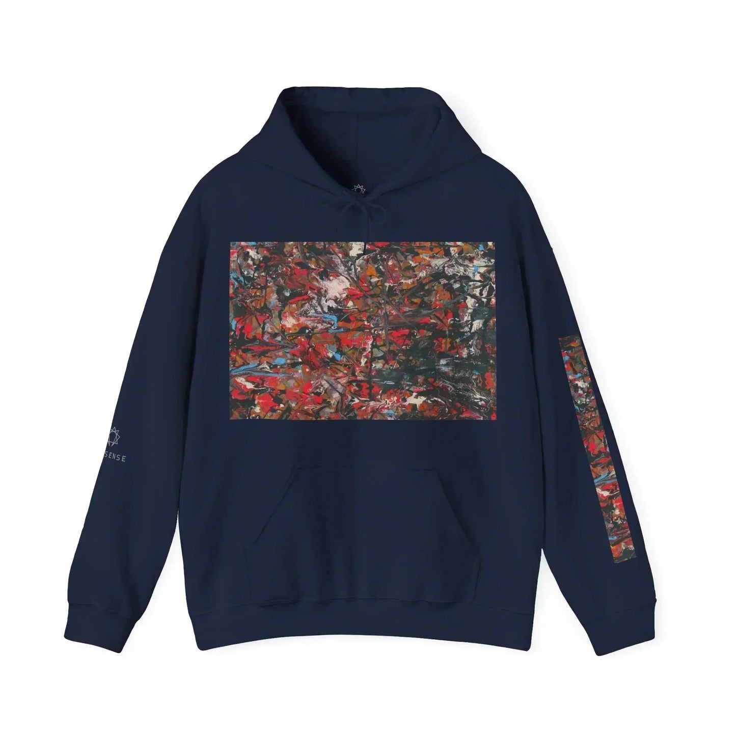 Navy blue hoodie featuring abstract red and black art print on front and sleeve.