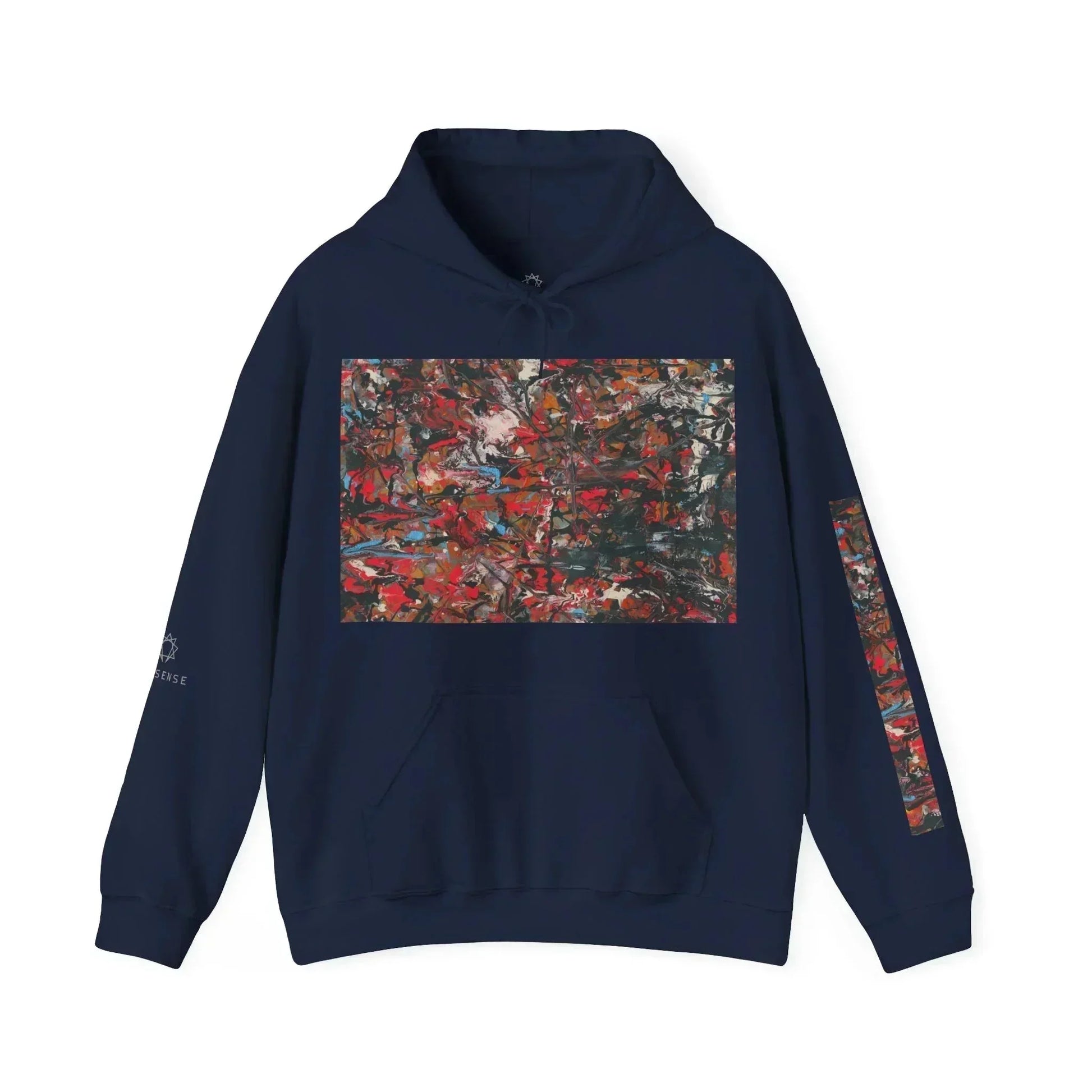 Navy blue hoodie featuring abstract red and black art print on front and sleeve.